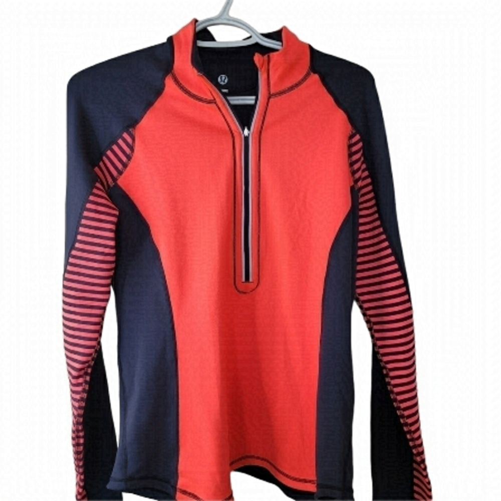 𝅺lululemon UTurn Navy Blue and Orange Women Half Zip Running  Long Sleeve Top